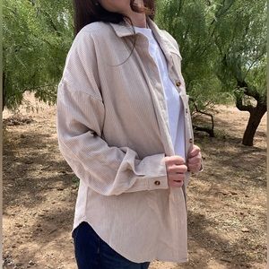 MIHOLL Women Corduroy Long Sleeve Button Down Collared Shirt Jacket Tops